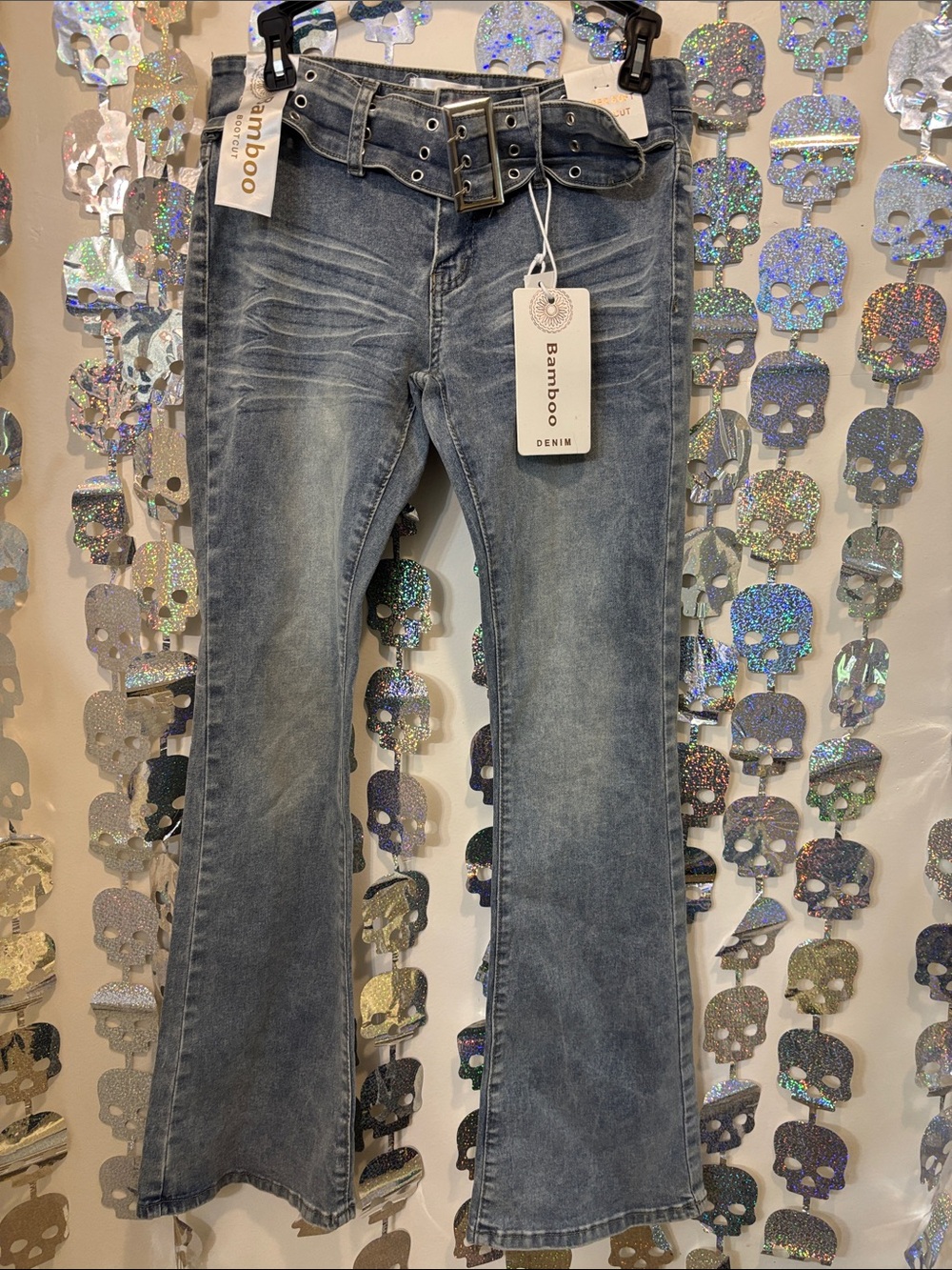 BAMBOO Faded Blue Flare Jeans with Double-Buckle Belt